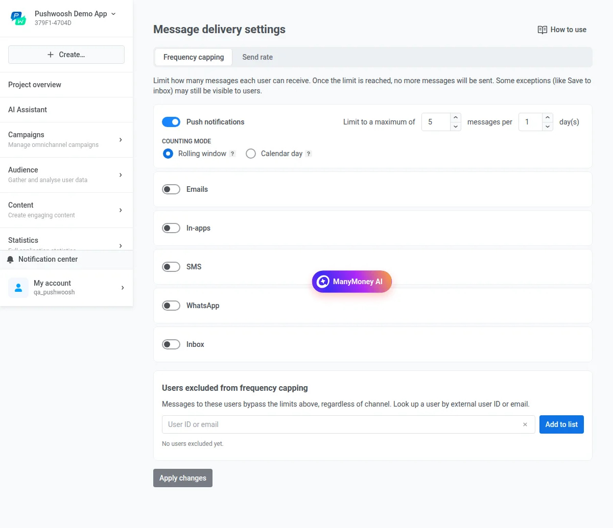 Список настроек ограничения частоты отправки с переключателем Inbox рядом с Push notifications, Emails, In-apps, SMS и WhatsApp
