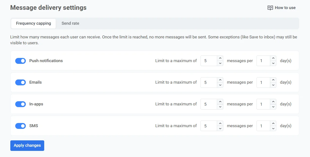 채널별 최대 메시지 및 기간 구성