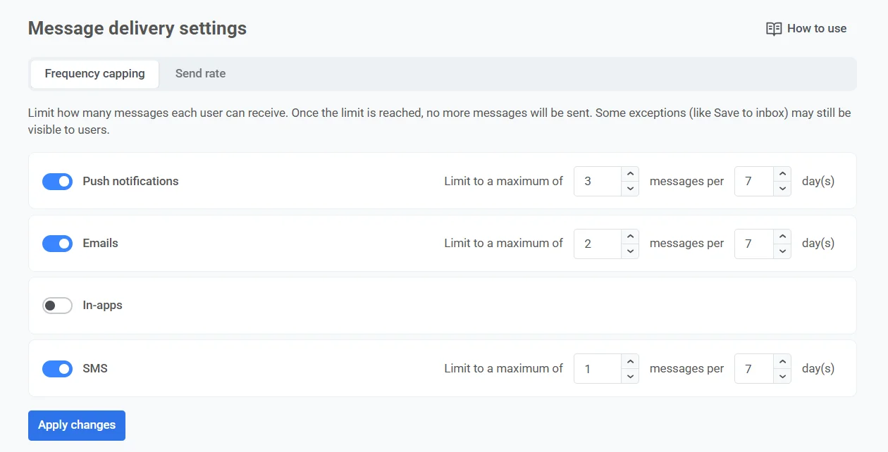 7일당 푸시 3개, 이메일 2개, SMS 1개로 설정된 빈도 제한 설정 스크린샷