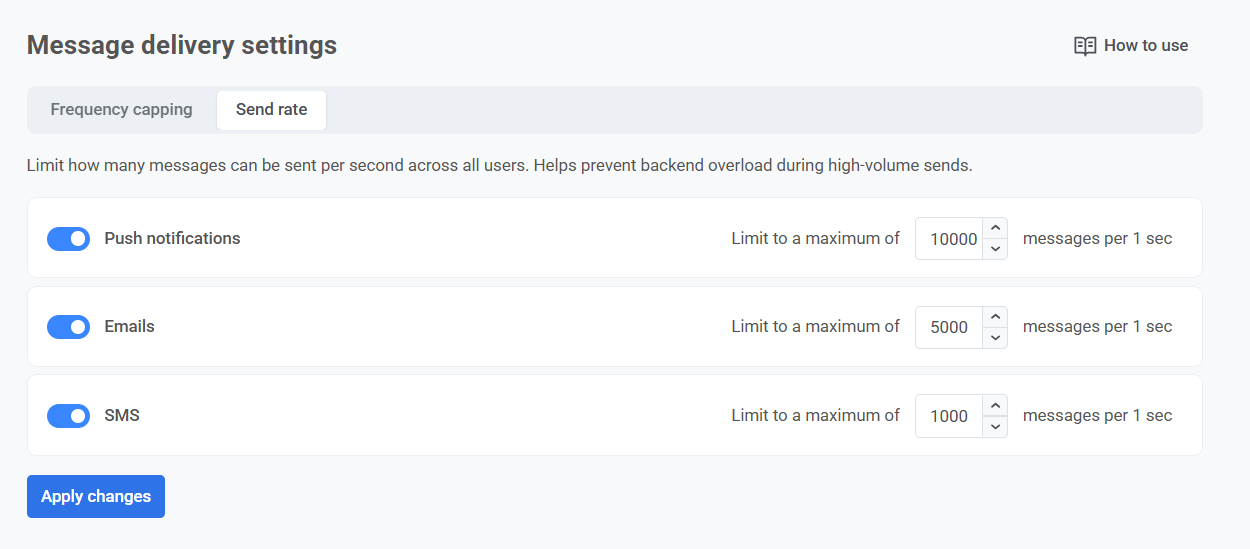 Send rate configuration screen showing push, email, SMS rate limits and toggles