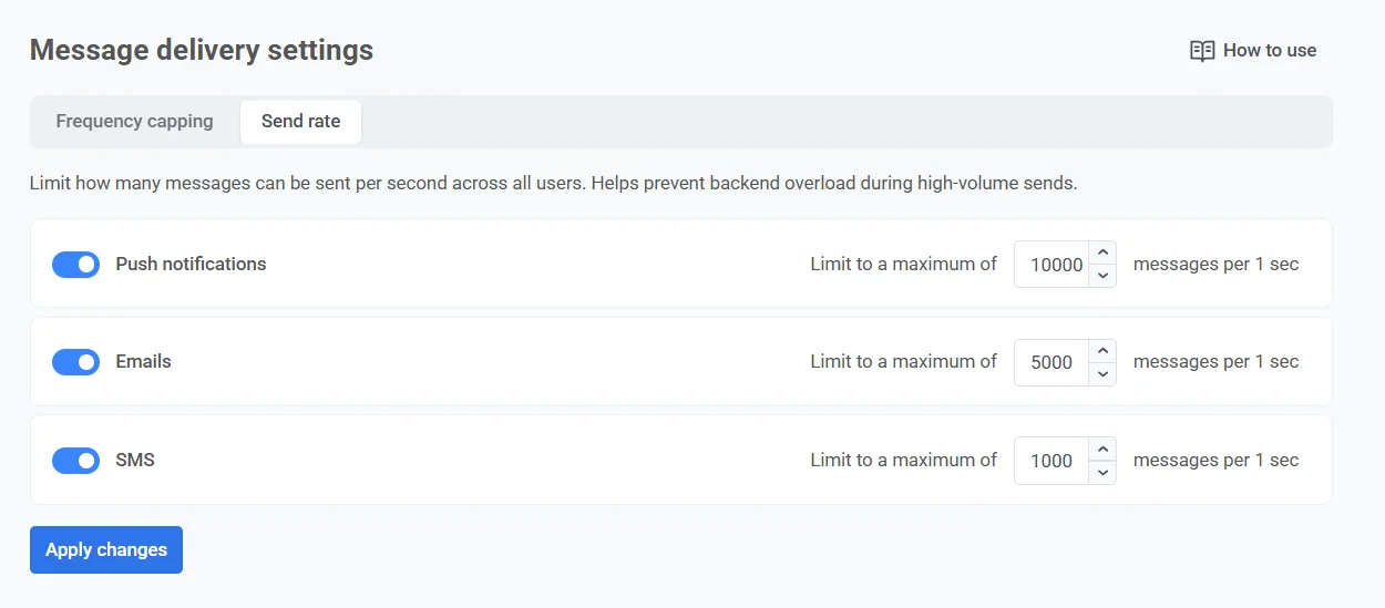 푸시, 이메일, SMS 전송률 제한 및 토글을 보여주는 전송률 구성 화면