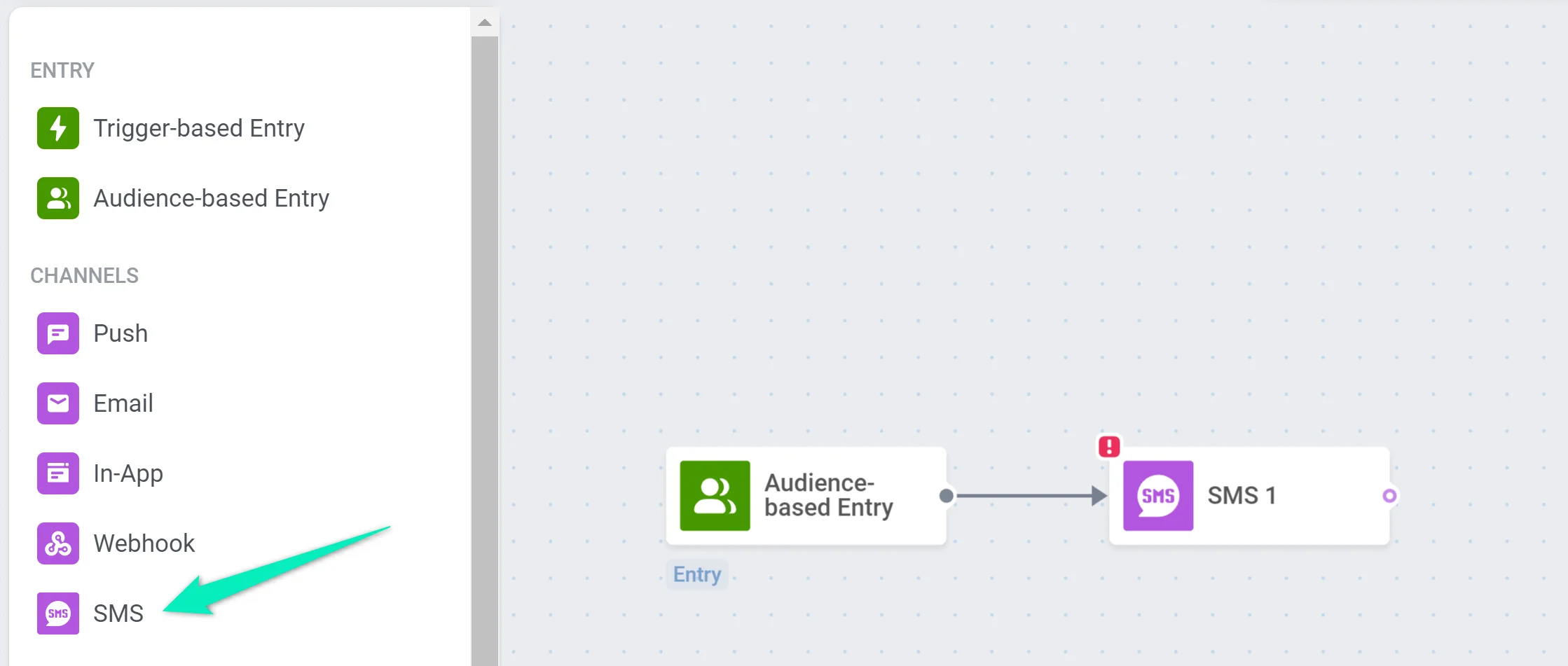 Captura de tela mostrando o elemento SMS sendo adicionado à tela do Customer Journey Builder