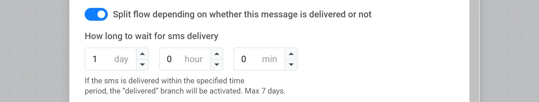 Captura de tela mostrando a configuração do fluxo de divisão de entrega de SMS e as configurações de tempo de espera