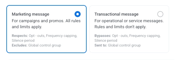 SMS element message type selection with Marketing message and Transactional message options