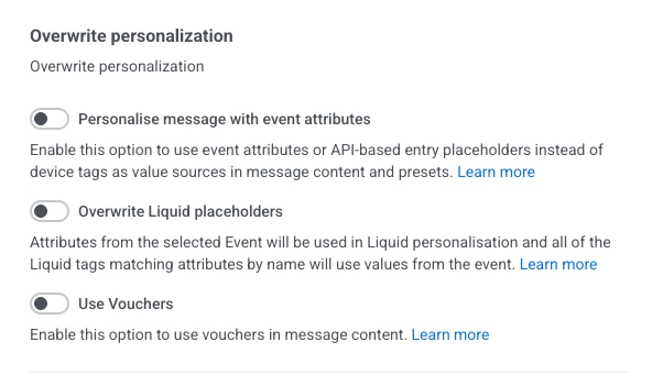SMS element overwrite personalization options showing event attributes, Liquid placeholders, and vouchers toggles