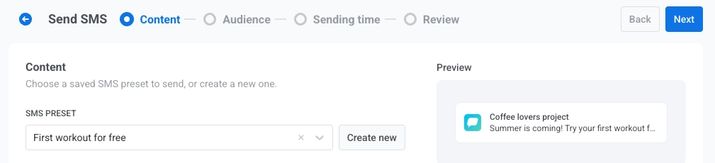 SMS content step with preset dropdown, Create new option, and message preview