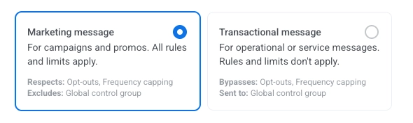 Marketing message and Transactional message options in the SMS campaign form