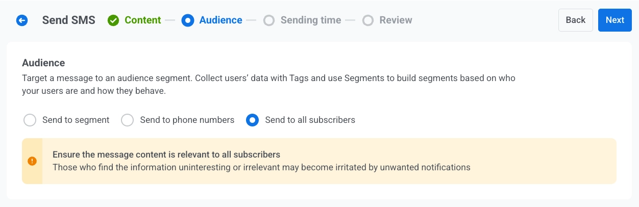 SMS audience step with Send to segment, list of phone numbers, and all subscribers options