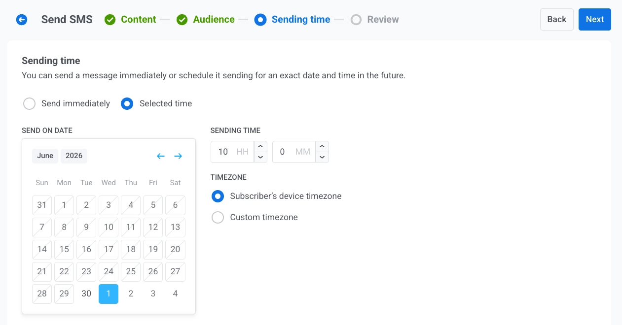 SMS scheduling with Send immediately and Selected time options, date picker, and timezone selection