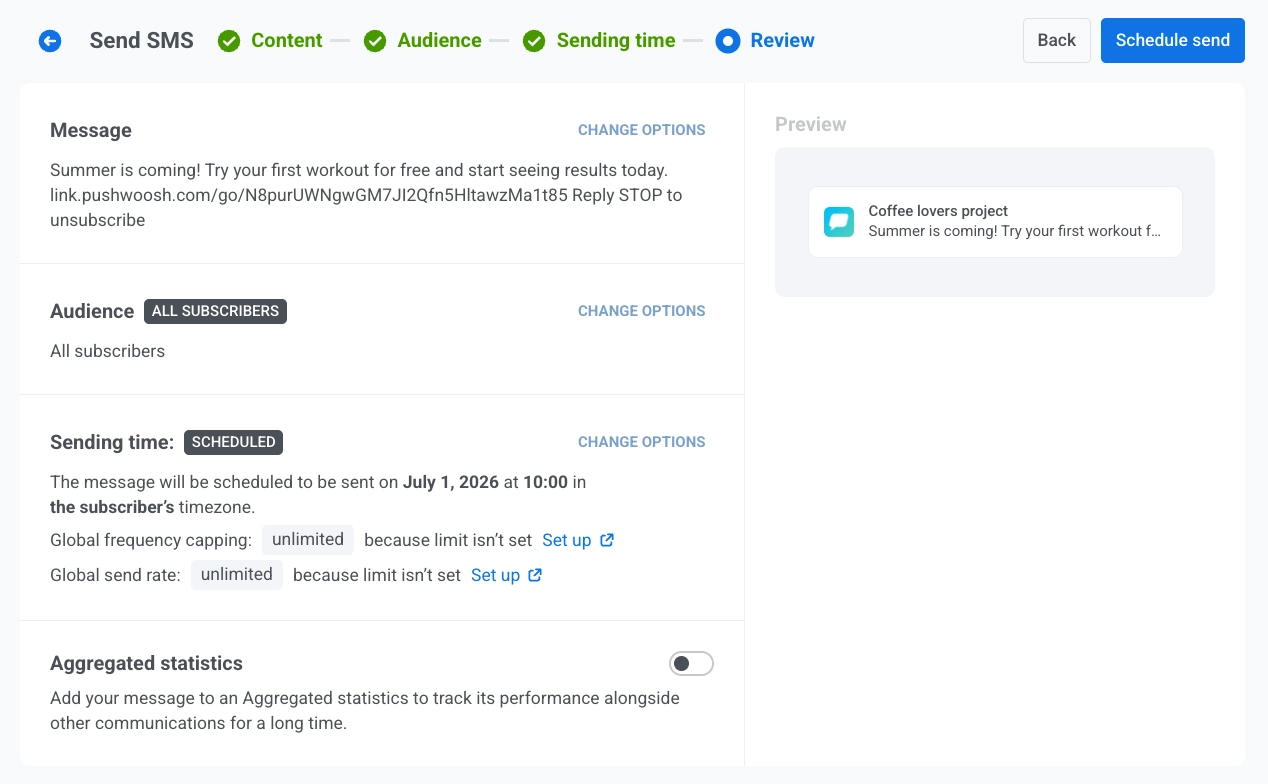 SMS campaign review step showing message preview, audience, and schedule summary before sending