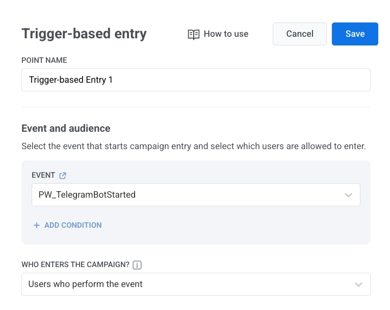 Journey canvas with Trigger-based entry configured for the TelegramBotStarted event.