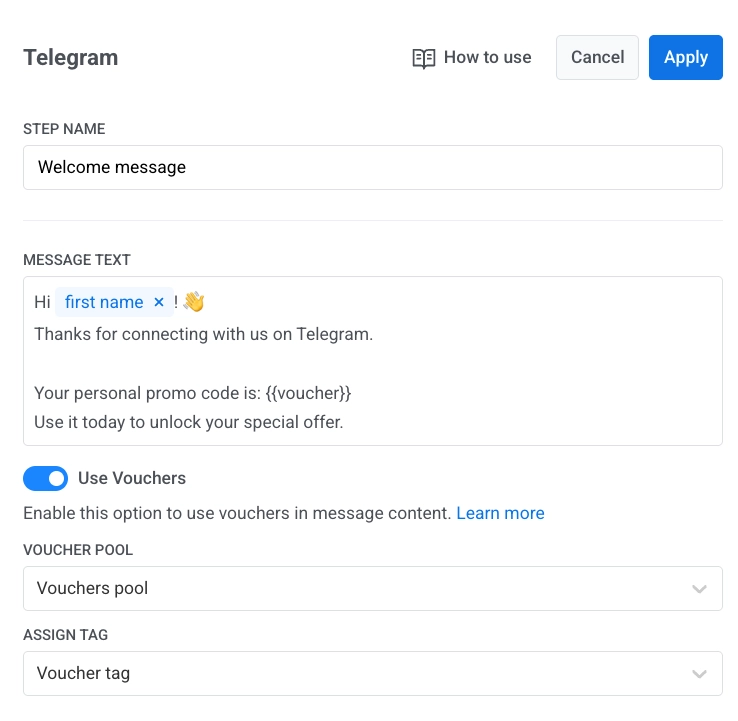 Telegram element settings with message text, voucher options, and the Apply button.