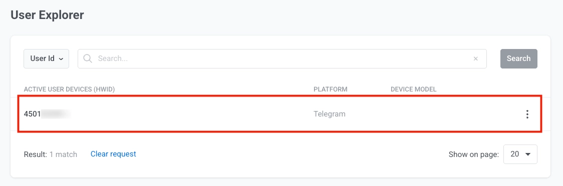 User Explorer, показывающий профиль пользователя Telegram с данными устройства и тегами пользователя после запуска бота.