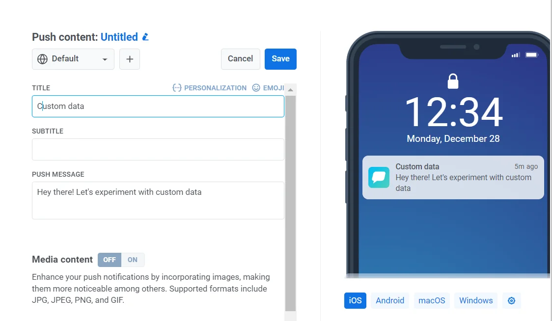 Push notification creation form in Pushwoosh Control Panel with text field and custom data toggle
