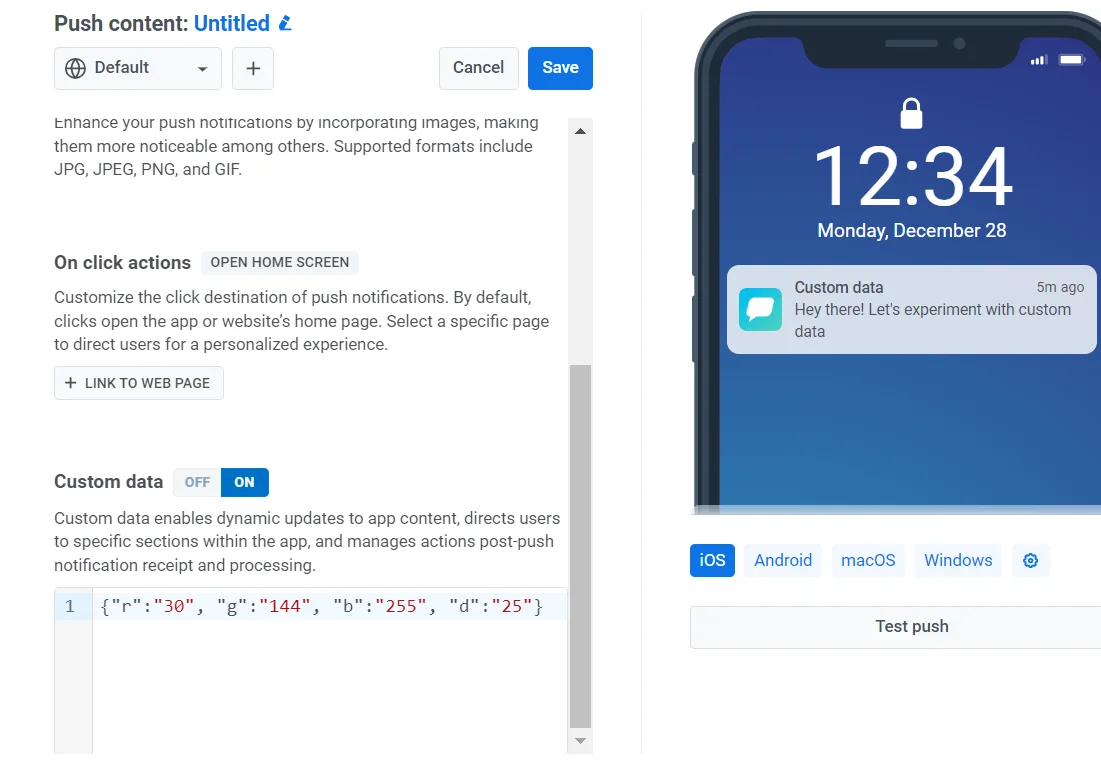 Custom data field in push notification form showing JSON object with RGB color values and discount parameter