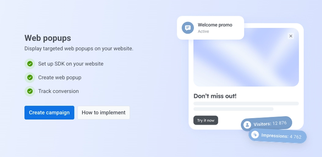 Web popups area in Campaigns with Create campaign button and campaign list or empty state