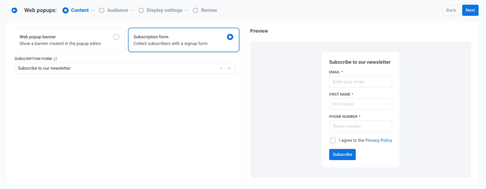 Content step with Subscription form option selected and Subscription form search field