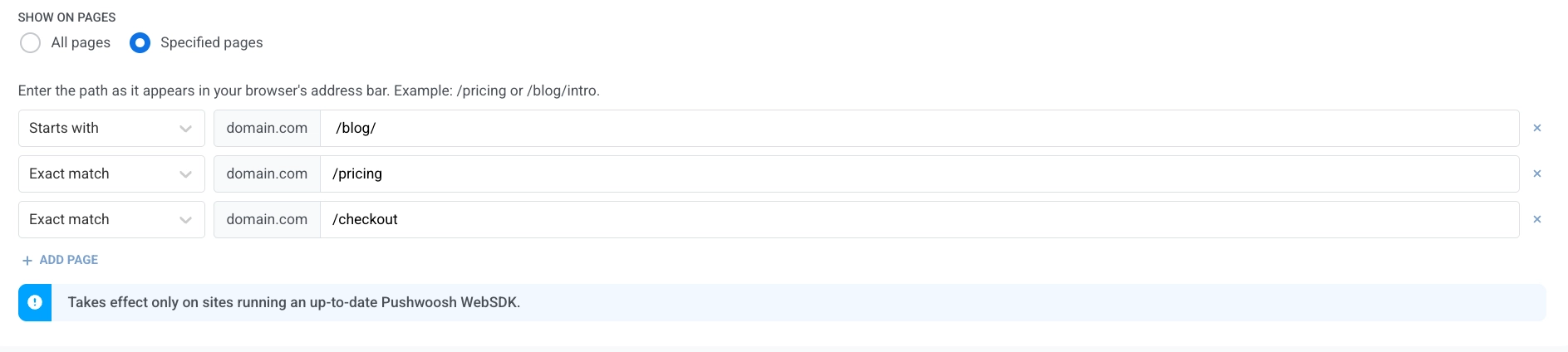 Show on pages step with Specified pages selected and Add page rows listing included page paths