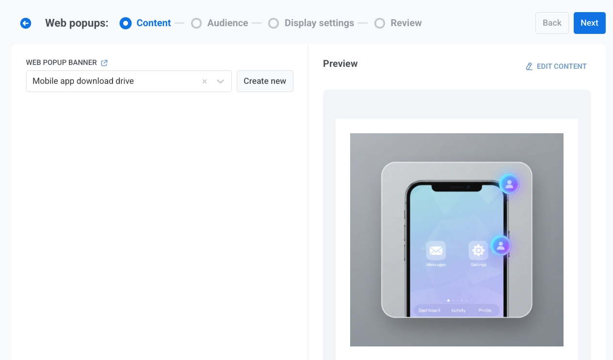 Campaign wizard Content step with Web popup list, Create new, and Next control