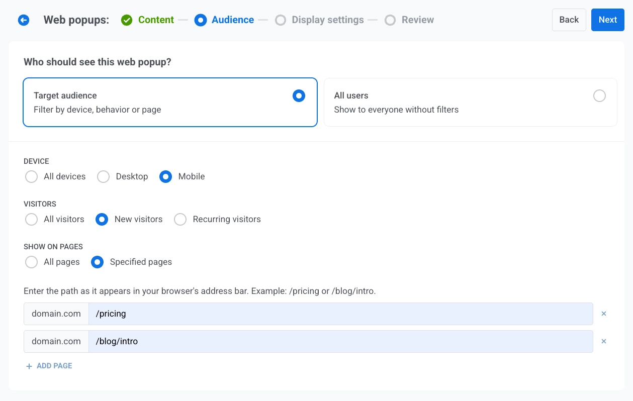 Audience step with Target audience and All users, device, visitors, and show on pages options