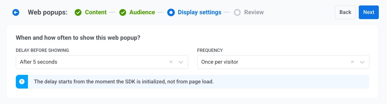 Display settings with delay before showing and FREQUENCY dropdown showing Once per visitor, Once per session, Every visit