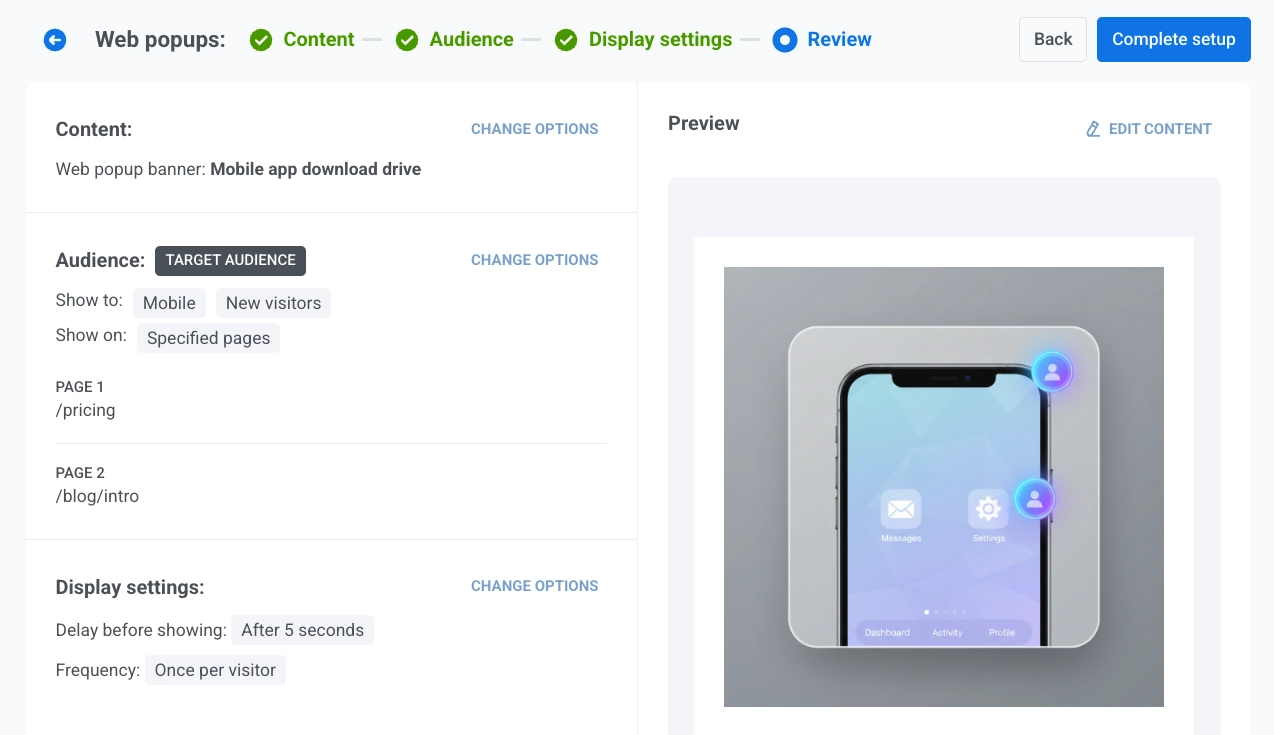 Review step with Content, Audience, and Showing settings summary, Change options, and Preview area