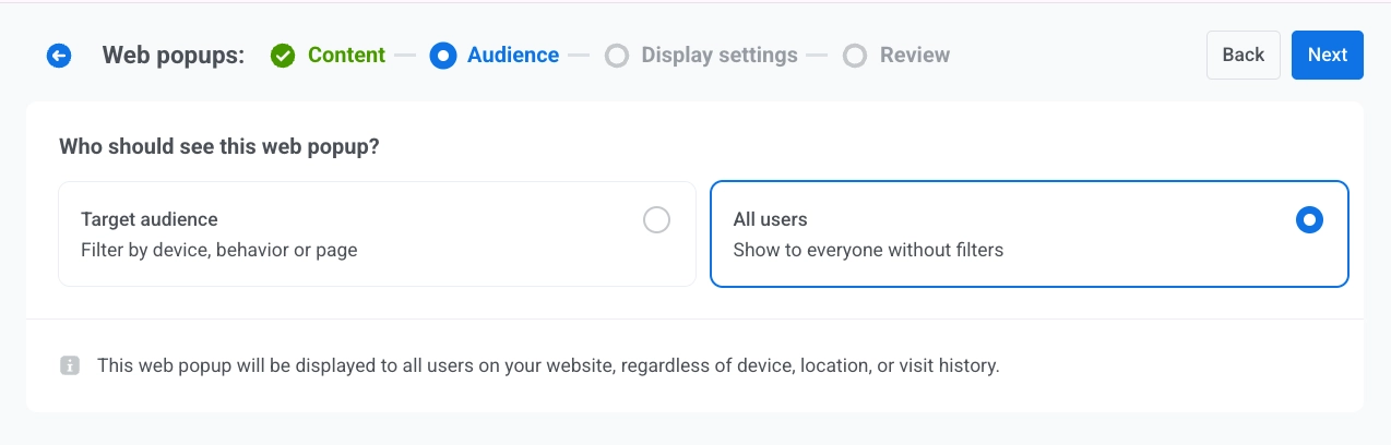 Web popup campaign Audience step with Target audience and All users options at the top