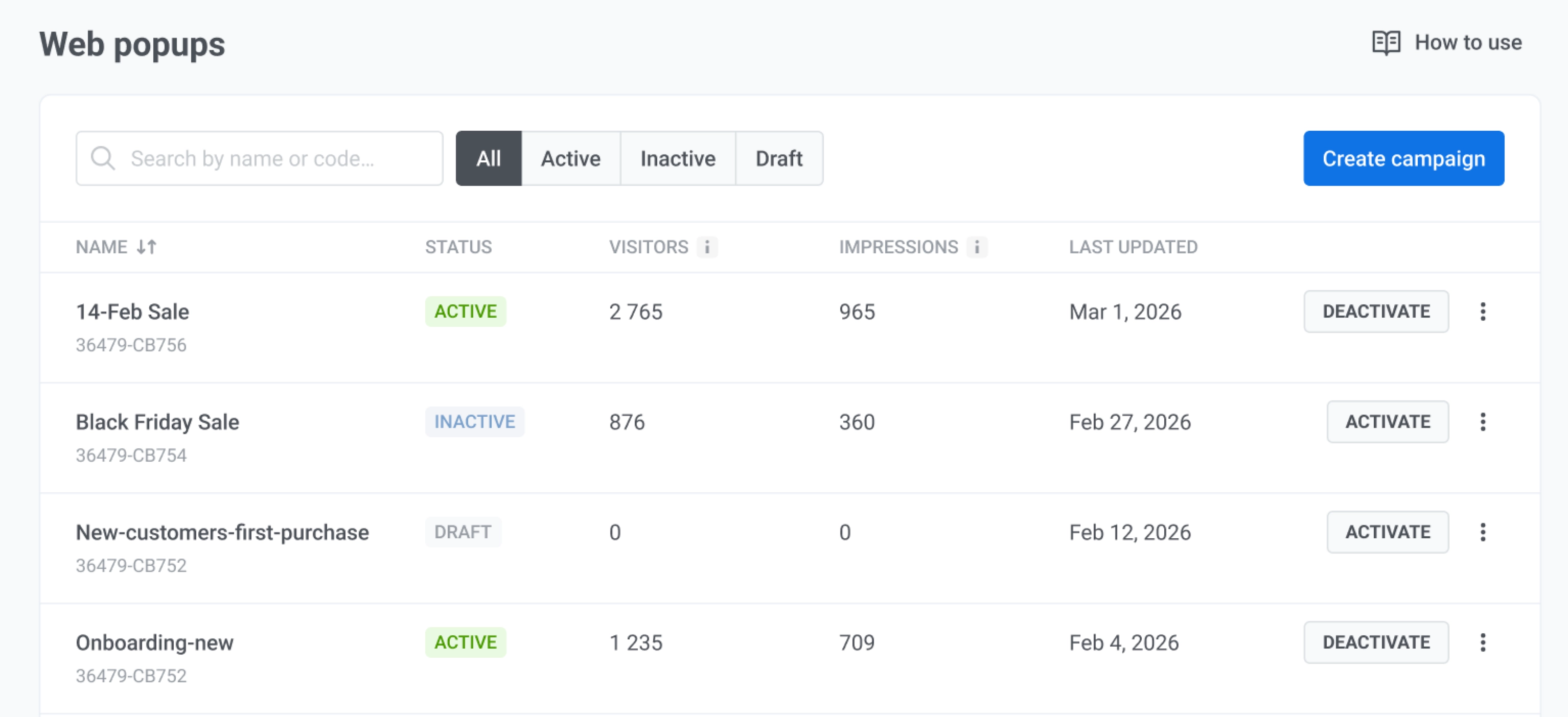 Web popups list with search, status filters, and Create campaign above the campaigns table