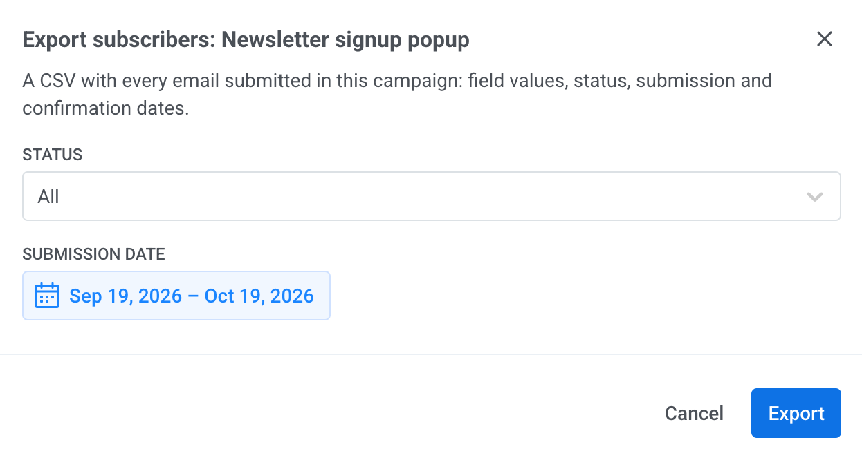Export subscribers dialog with Status set to All and a Submission date range