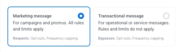 Marketing message and Transactional message options in the WhatsApp campaign form