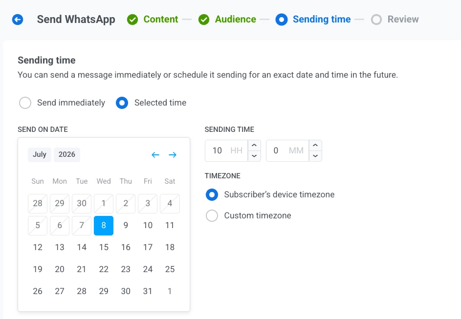 WhatsApp scheduling with Send immediately and Selected time options, date picker, and timezone selection