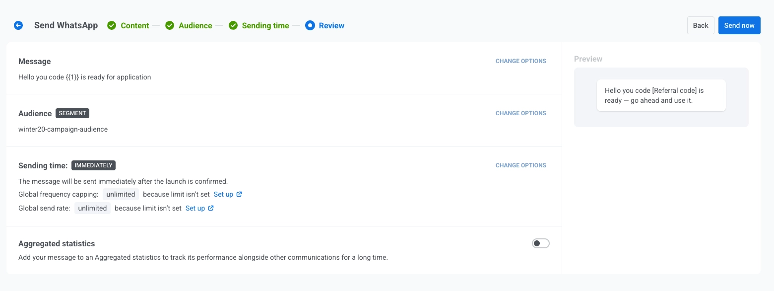 WhatsApp campaign review step showing message preview, audience, and schedule summary before sending