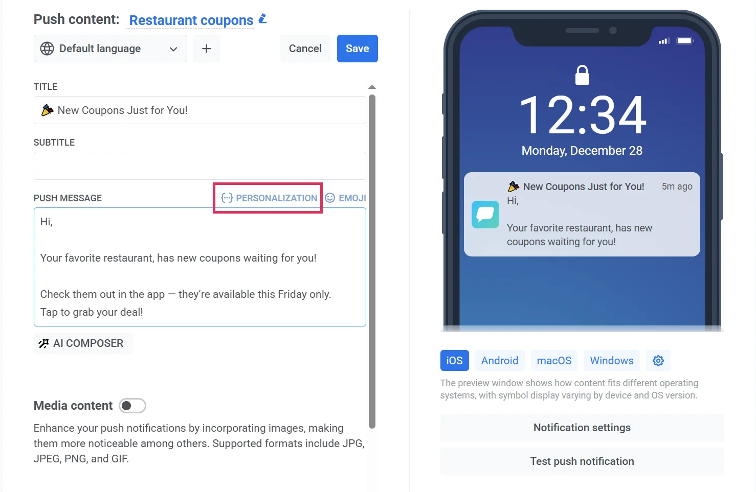 Botón de personalización ubicado en la parte superior derecha del campo de entrada del mensaje