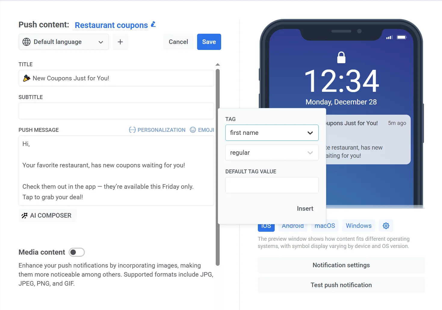 Diálogo de selección de Tag que muestra las tags disponibles con el botón Insertar para añadir la tag seleccionada al mensaje