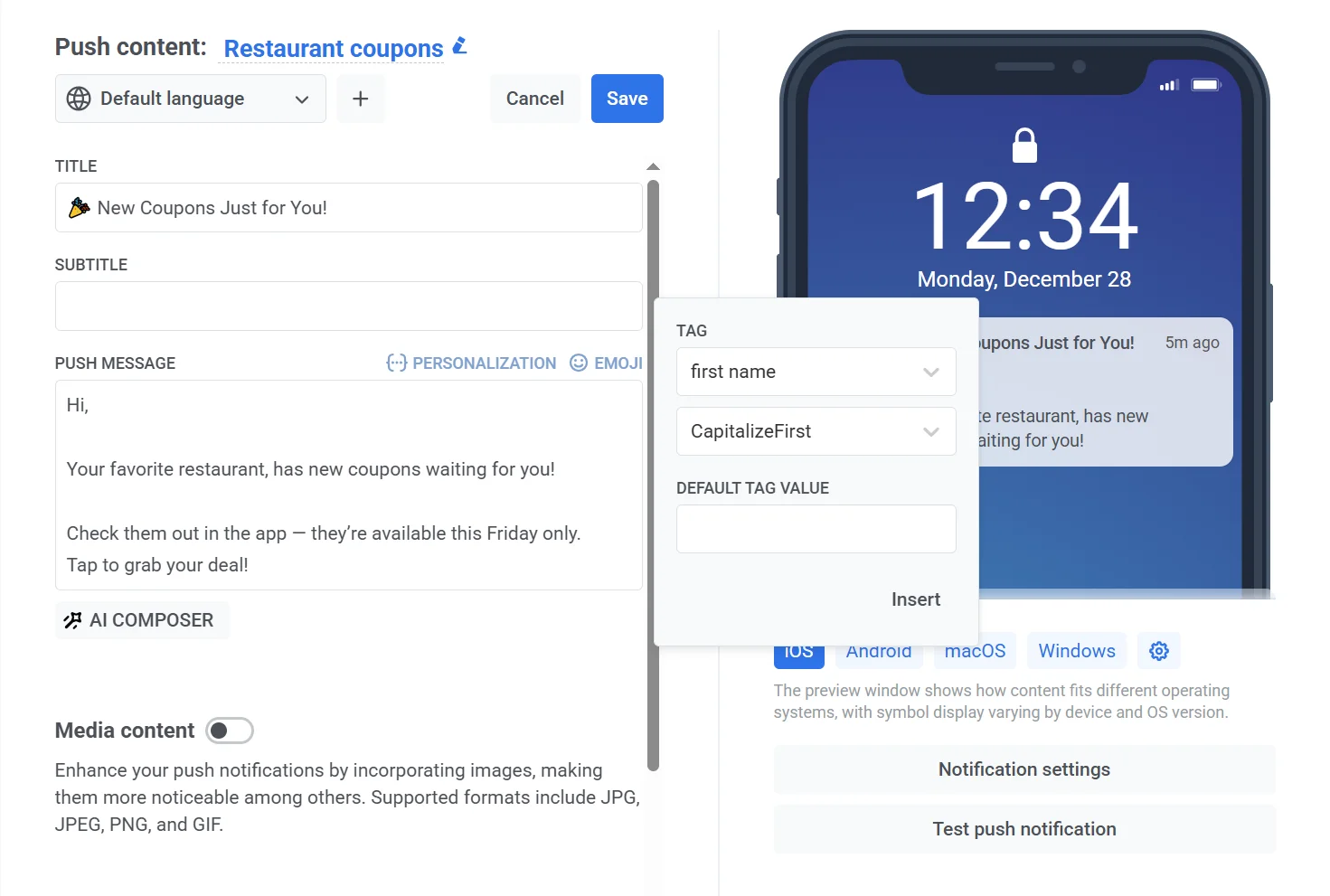Selección de modificador de formato que muestra la opción CapitalizeFirst para poner en mayúscula la primera letra del valor de la tag