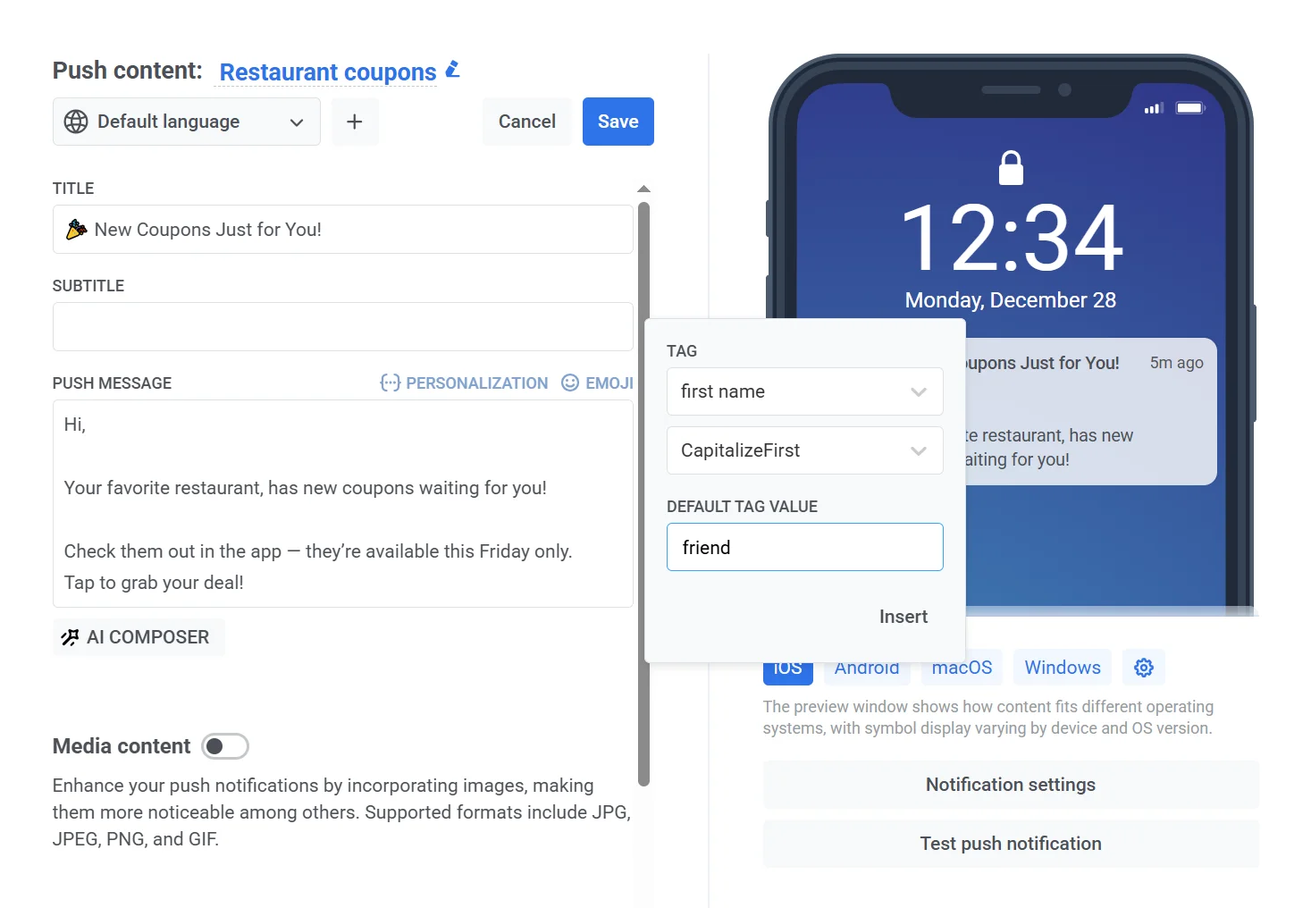Campo de entrada del valor de tag por defecto que muestra un valor por defecto de ejemplo para los usuarios que no proporcionaron información de la tag