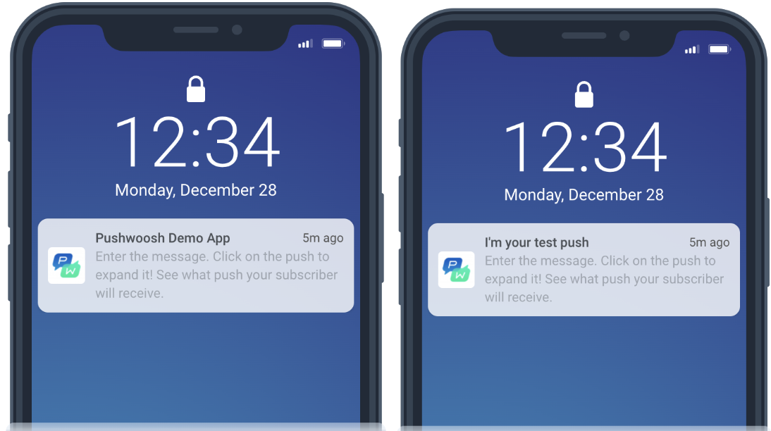 On the left: push notification without a title; on the right: push notification with a title.