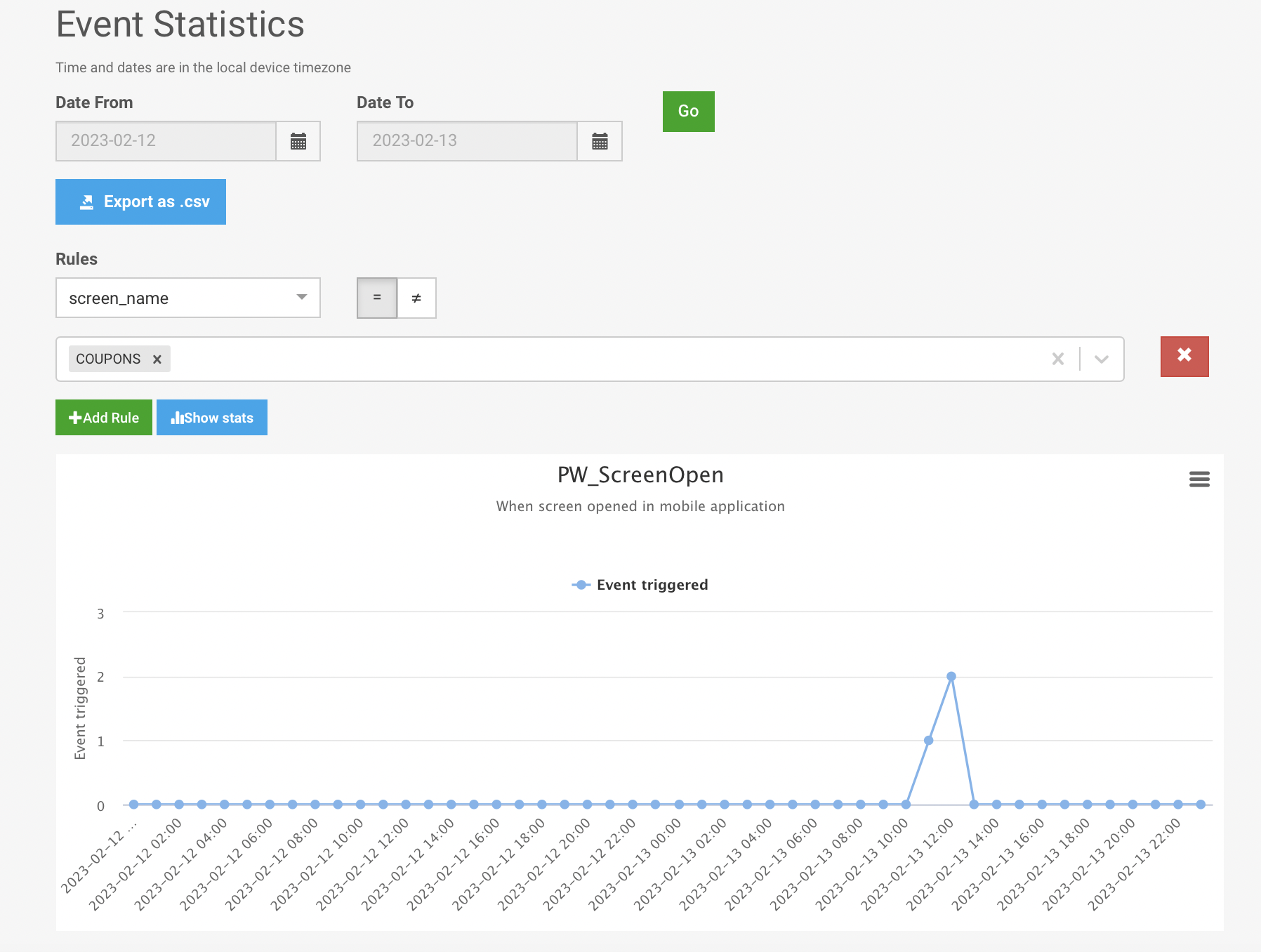 Event stats filtered by screen name