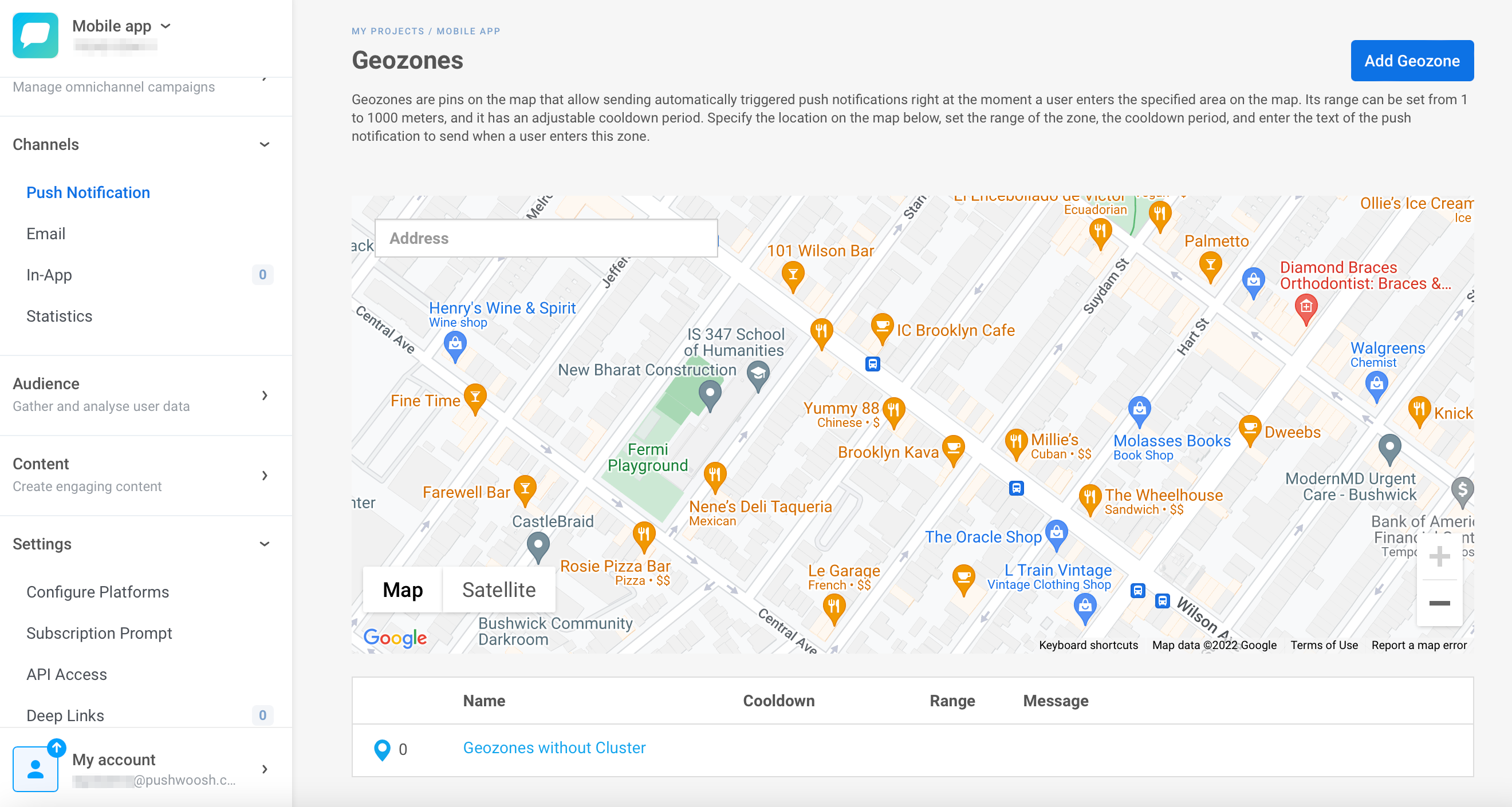 Geozone setup screen