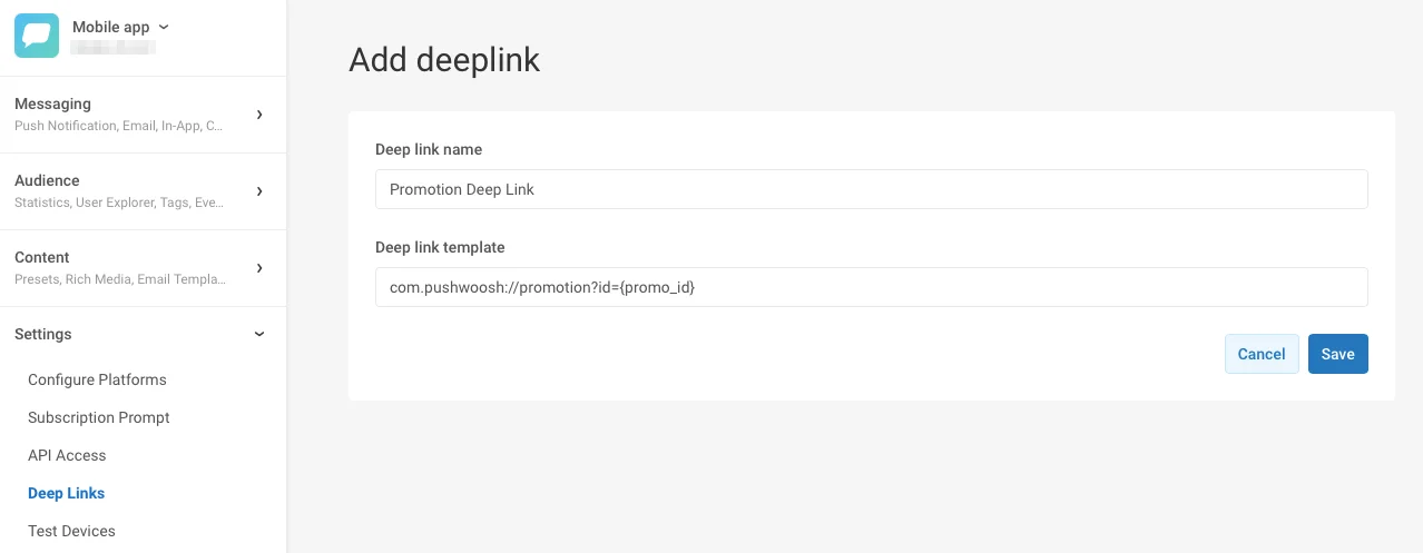 डीप लिंक कॉन्फ़िगरेशन स्क्रीन जो स्कीम, पेज का नाम, और प्लेसहोल्डर के साथ क्वेरी पैरामीटर दिखा रही है