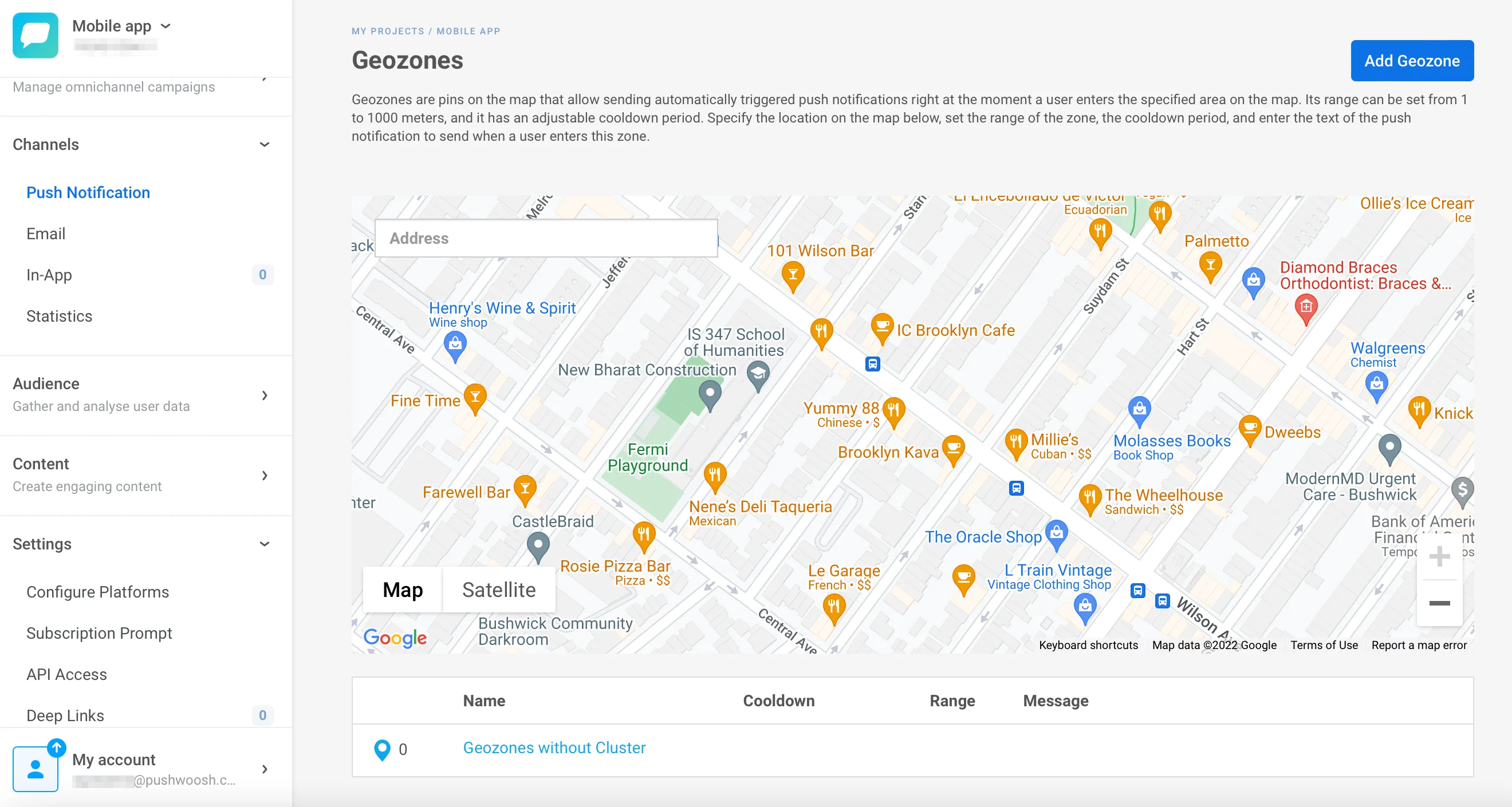 Pantalla de configuración de Geozona