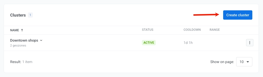Geo campaigns page with the Create cluster button before entering cluster settings.