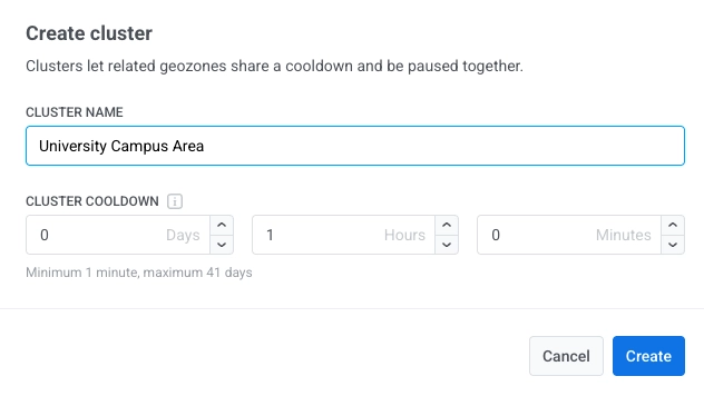 Create cluster form in Geo campaigns with cluster name and cooldown settings before saving.