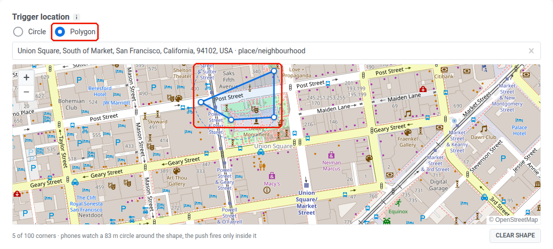 Geo campaign trigger location set to Polygon mode with a five-corner shape drawn around a location on the map.
