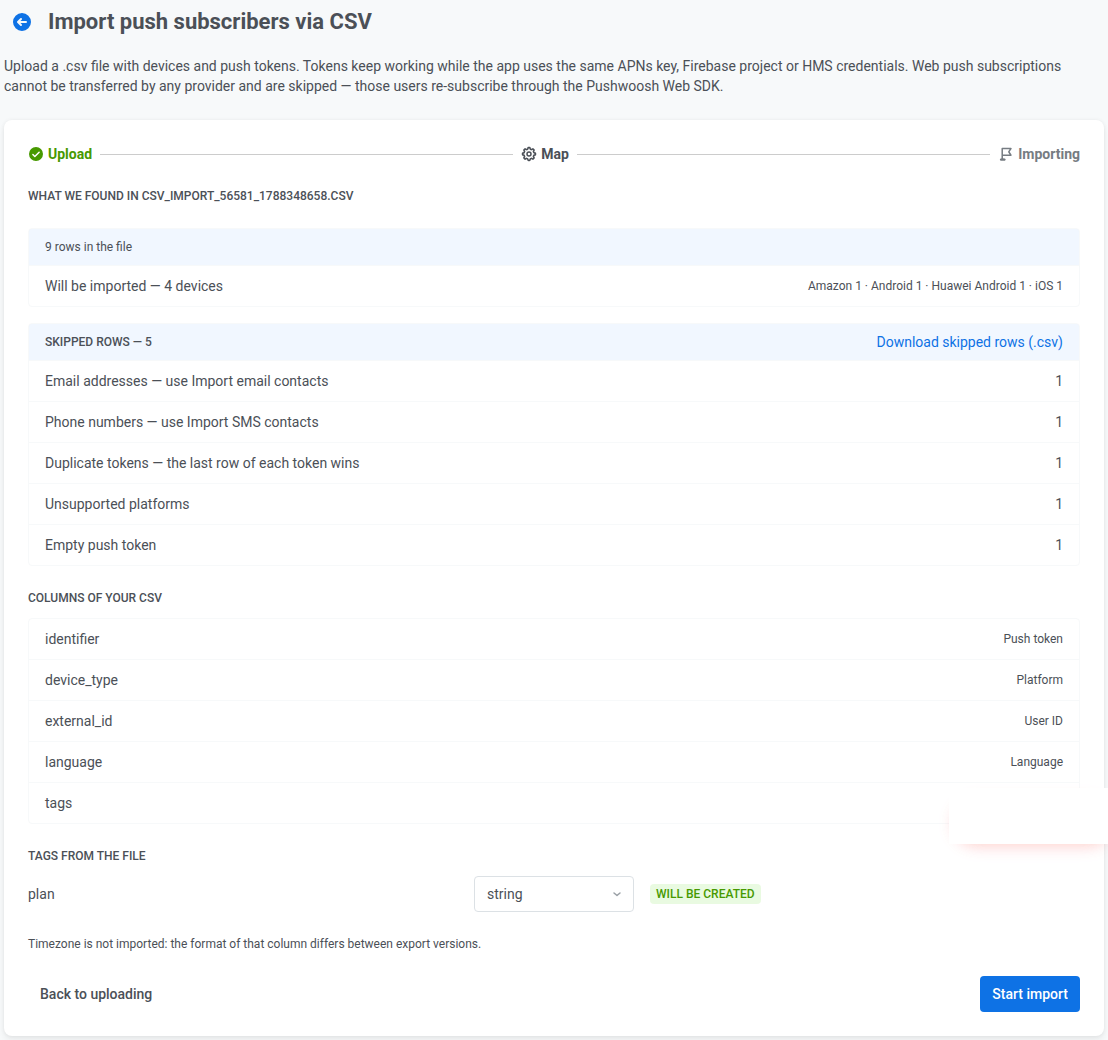 Map step summary showing rows imported by platform and skipped rows broken down by reason.
