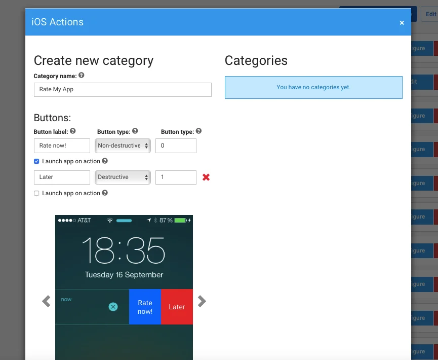 iOS interactive push notification category configuration screen showing button settings and options