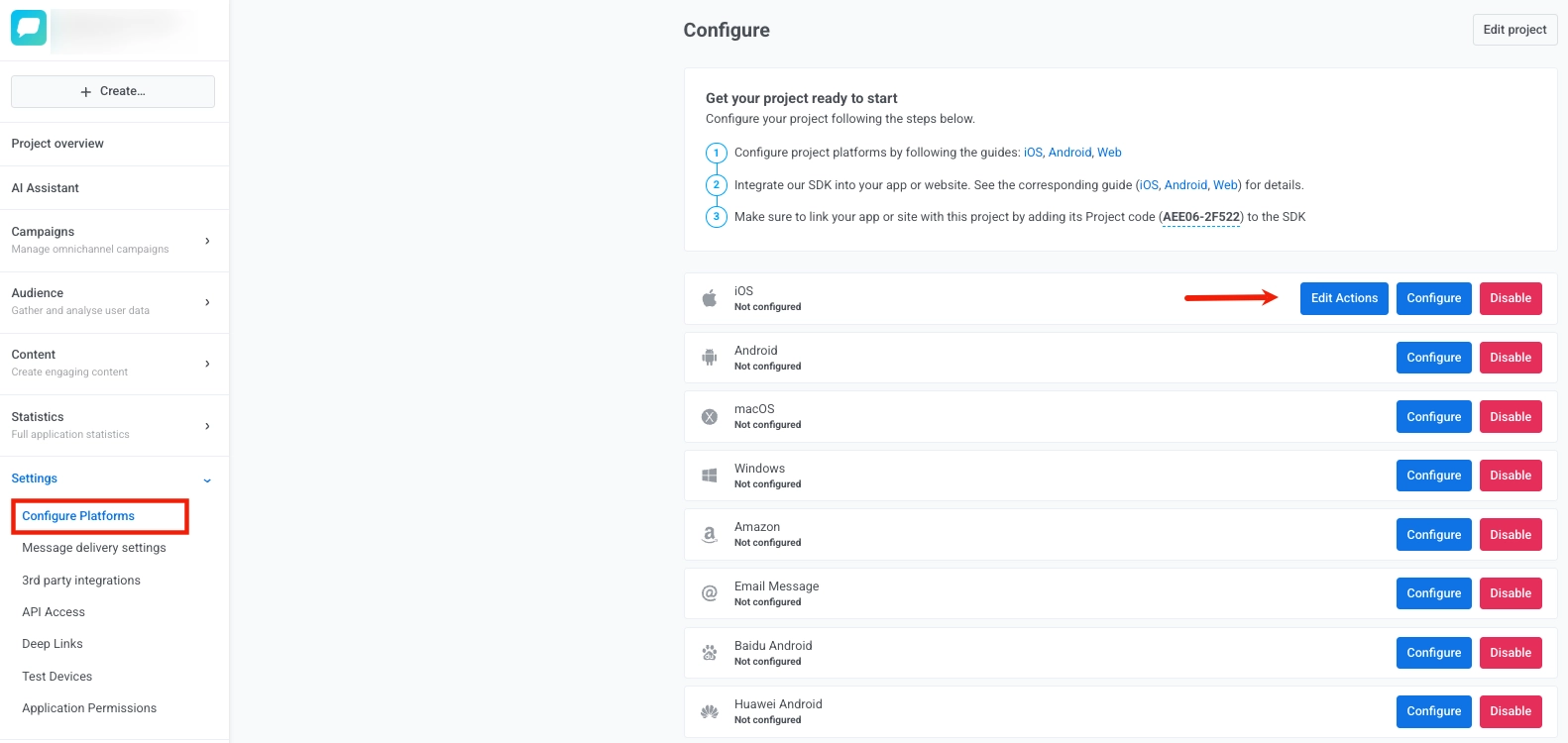 Configure platforms page with Edit Actions button highlighted in Pushwoosh Control Panel