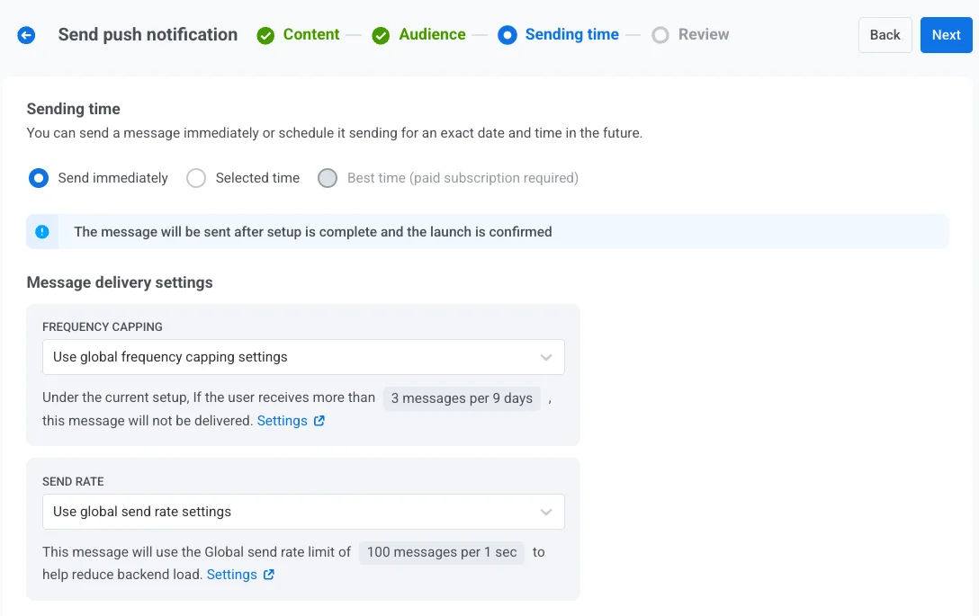 为推送通知调度选择“立即发送”选项,显示立即发送选项