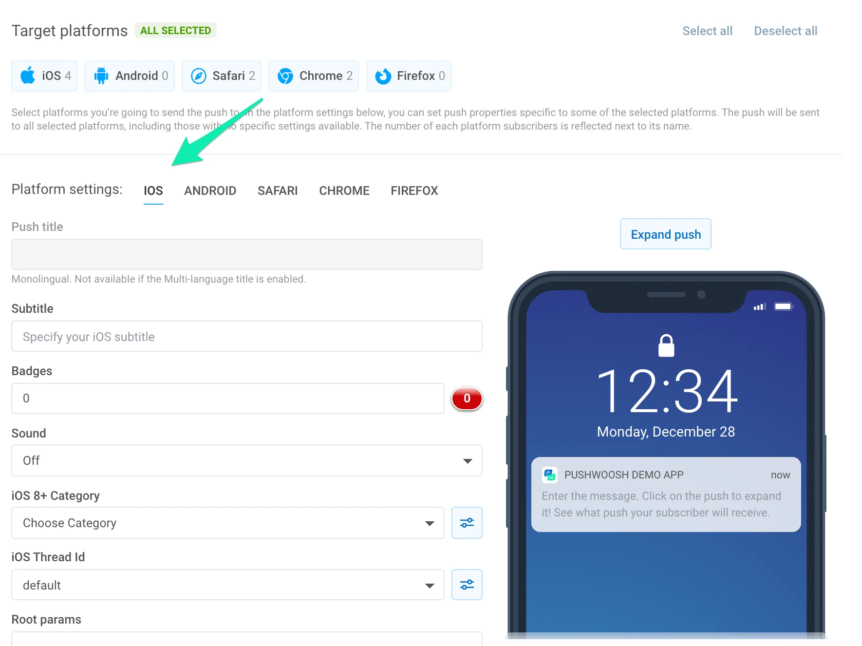 iOS 推送通知设置表单,显示标题、副标题、角标、声音和其他 iOS 特定选项