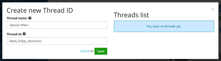 线程 ID 创建对话框,显示名称和 ID 输入字段以及“保存”按钮